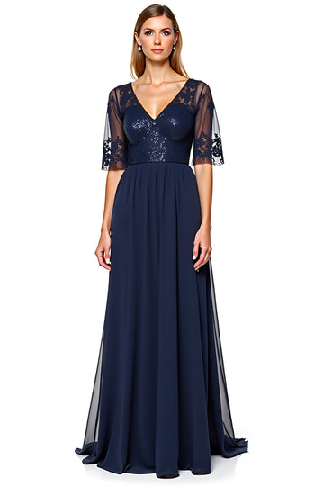 A Line V-Neck Lace Navy Formal Dress With Beading